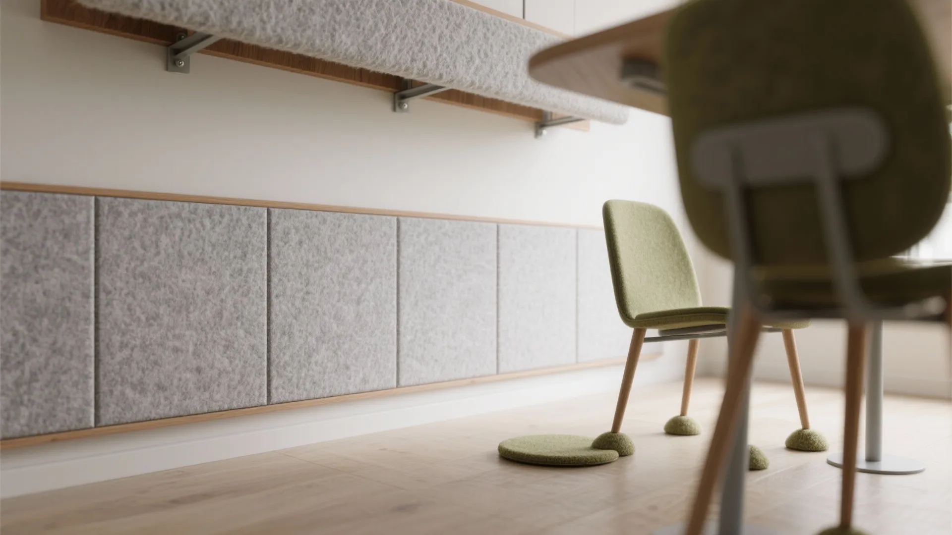 Close up of grey fabric wall panels on white wall with green chair and wooden floor