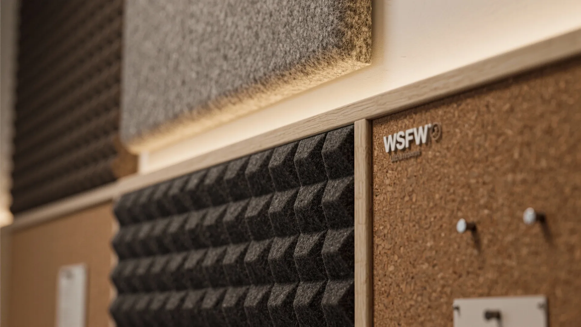 Close up of wall panel with cork board and grey sound foam and soft back light