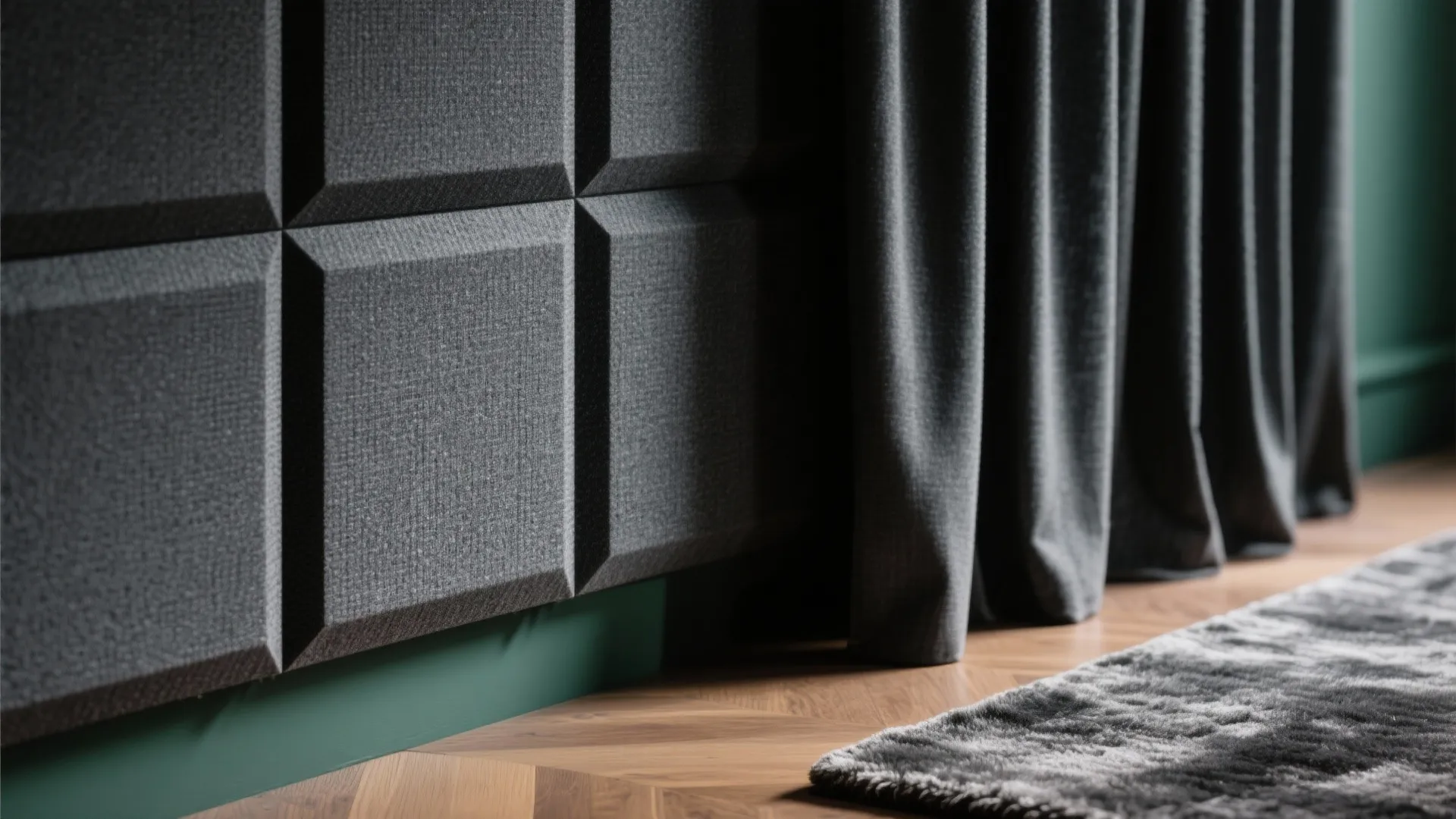 Close up of grey wall panel texture with dark curtains and wooden floor in home
