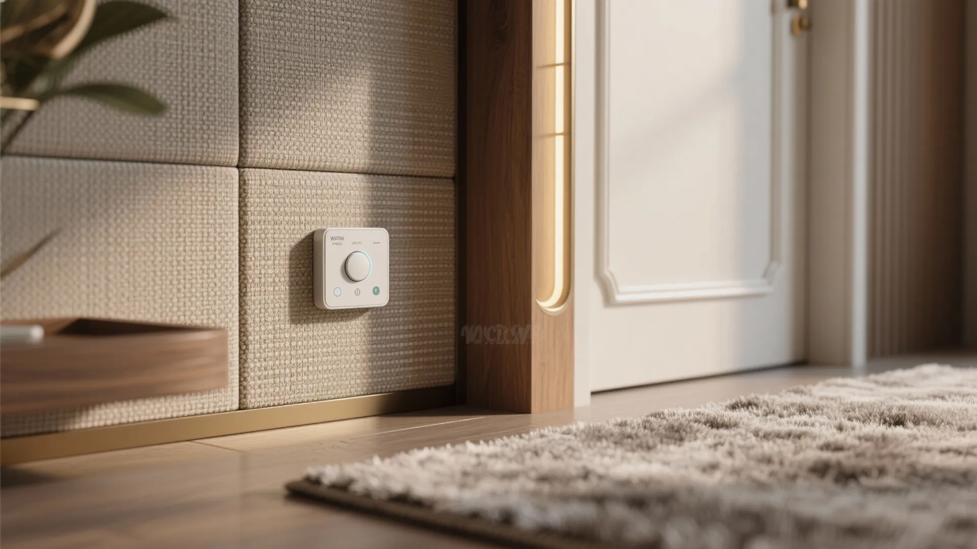 Macro of acoustic fabric, soft-lit scene controller, door seal gasket, and plush rug fibers for quiet luxury.