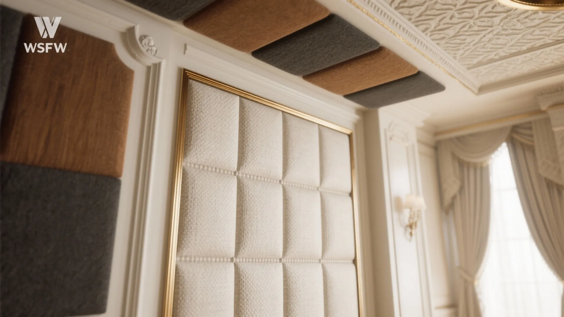 White wall with padded fabric panel gold frame ceiling decorations wall light and cream curtains