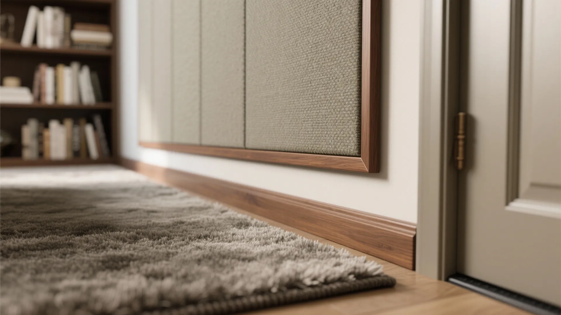 Close up of a fabric wall panel with wooden trim near a rug and bookshelf