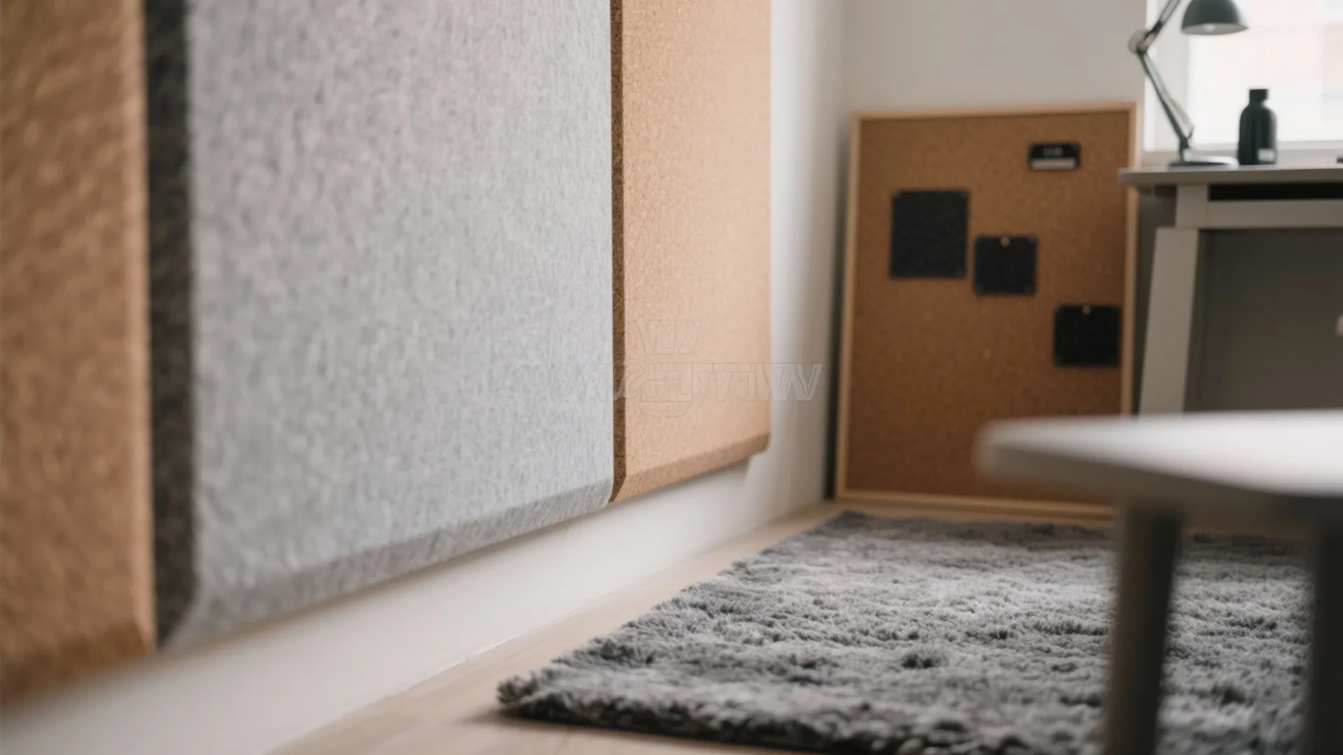 Grey and brown wall panels installed above a soft grey rug in a quiet room