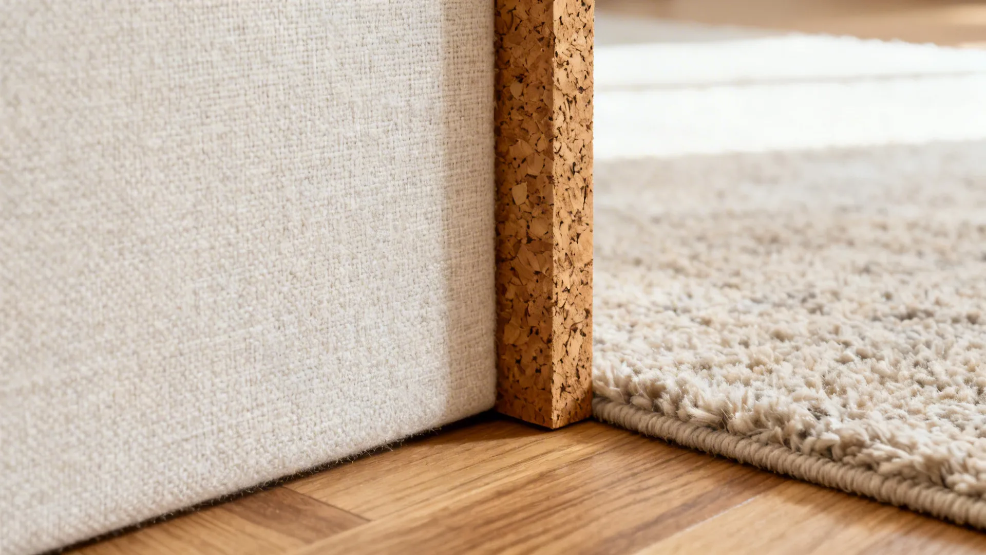 Close up of white fabric furniture piece with cork leg on wooden floor and soft rug