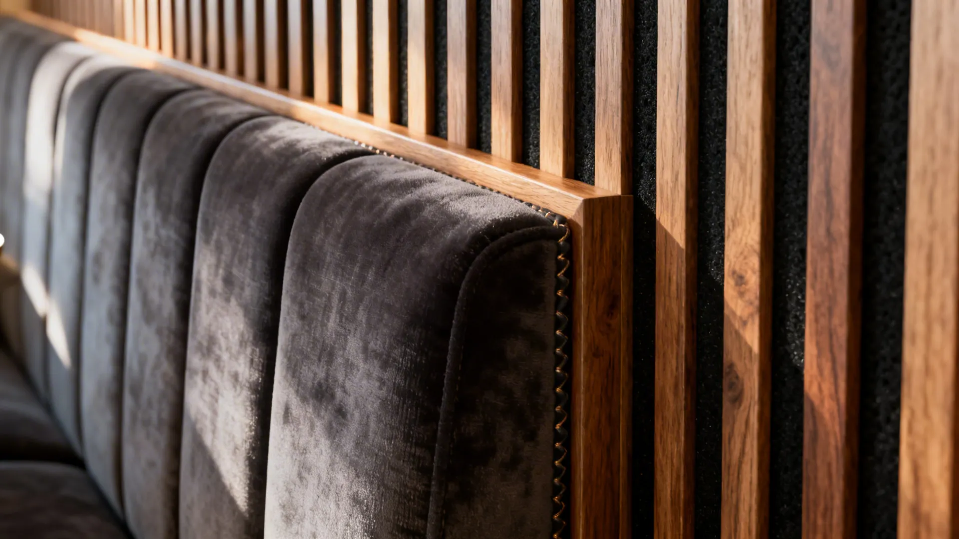 Macro of velvet banquette back next to wood slat panel with acoustic backing under warm grazing light.