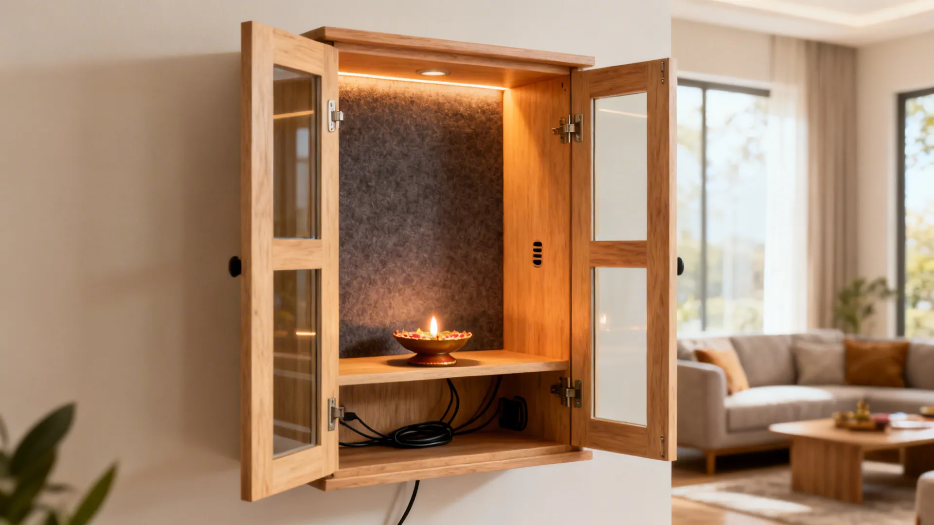 Wall-mounted mandir cabinet with felt-lined back, soft-close doors, and a proud diya platform in a living area.