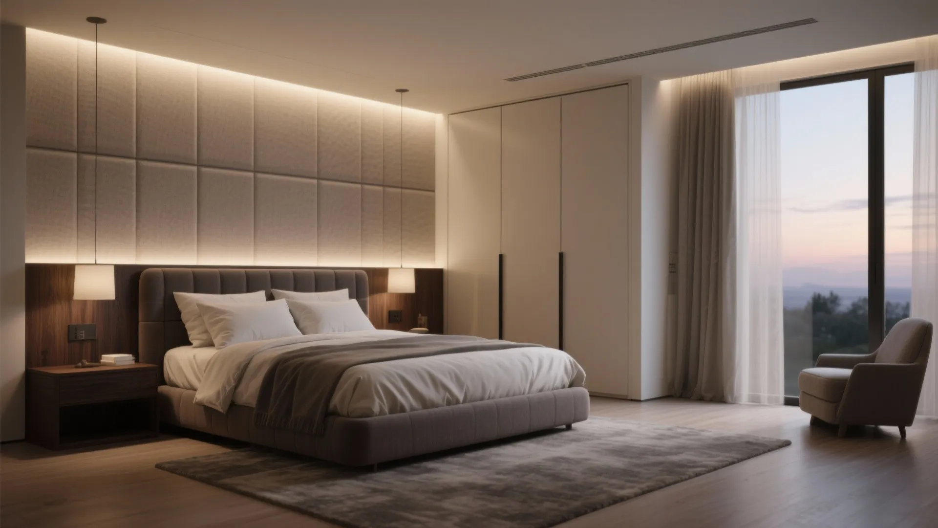 Modern bedroom with large bed wall panel lights white wardrobe grey rug and window curtains