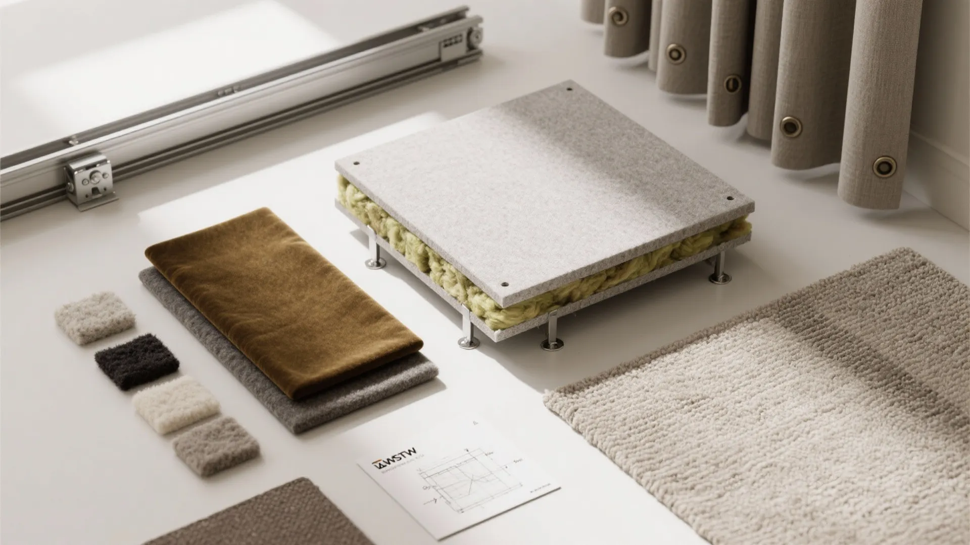 Interior design material board with fabric samples carpet swatches soundproof panels and a floor plan drawing