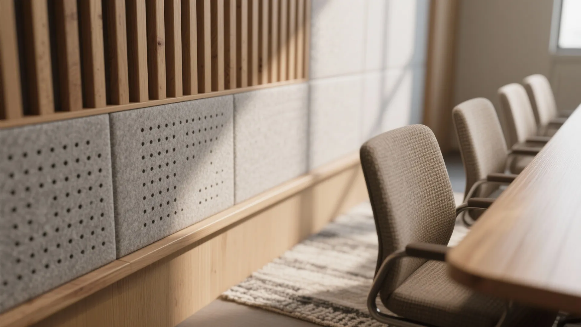 Macro view of felt acoustic panel and perforated wood slat with textile chair.