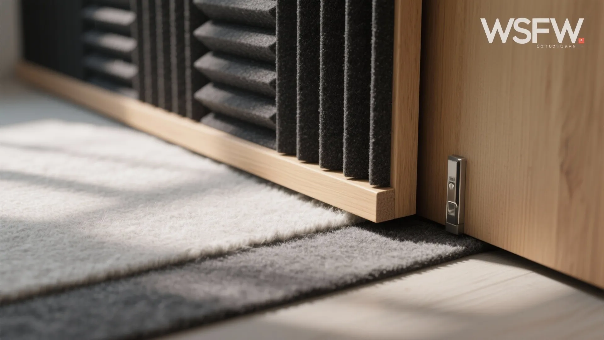 Close-up of felt acoustic panel meeting wood slat diffuser and a door sweep detail.