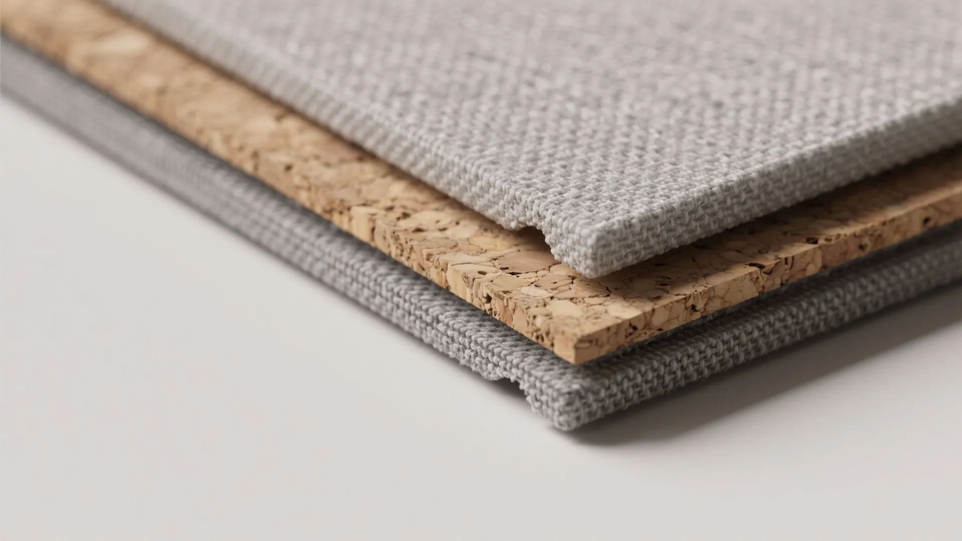 Close up of layered wall materials featuring grey fabric texture and natural cork board panels