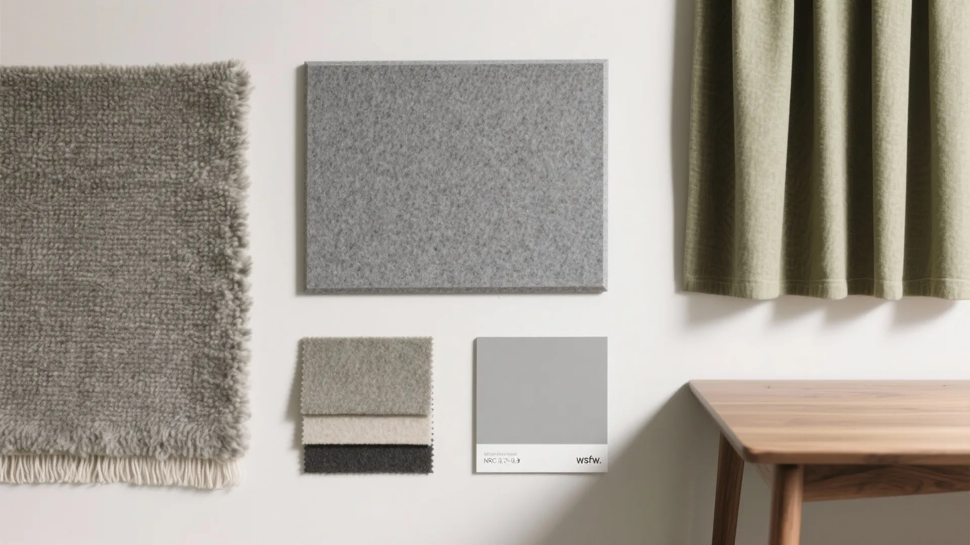 Interior design material board with grey wall panels fabric swatches green curtain and wood table corner