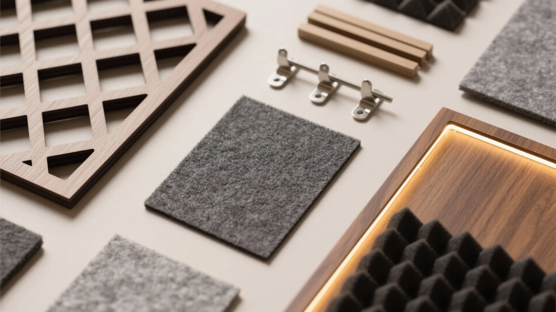 Flat lay of CNC lattice sample, charcoal felt, backing clips, spacer, teak veneer, and warm LED strip.