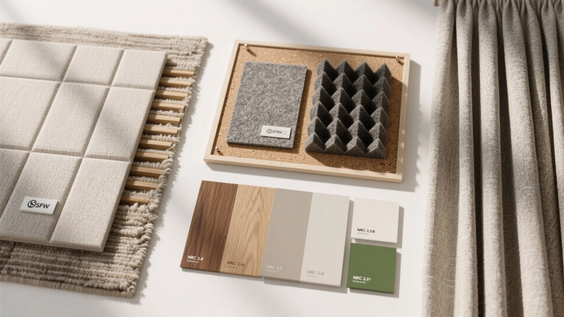 Flat lay of fabric panels, felt baffles, curtains, cork, rug, and oak slats in neutral palette.
