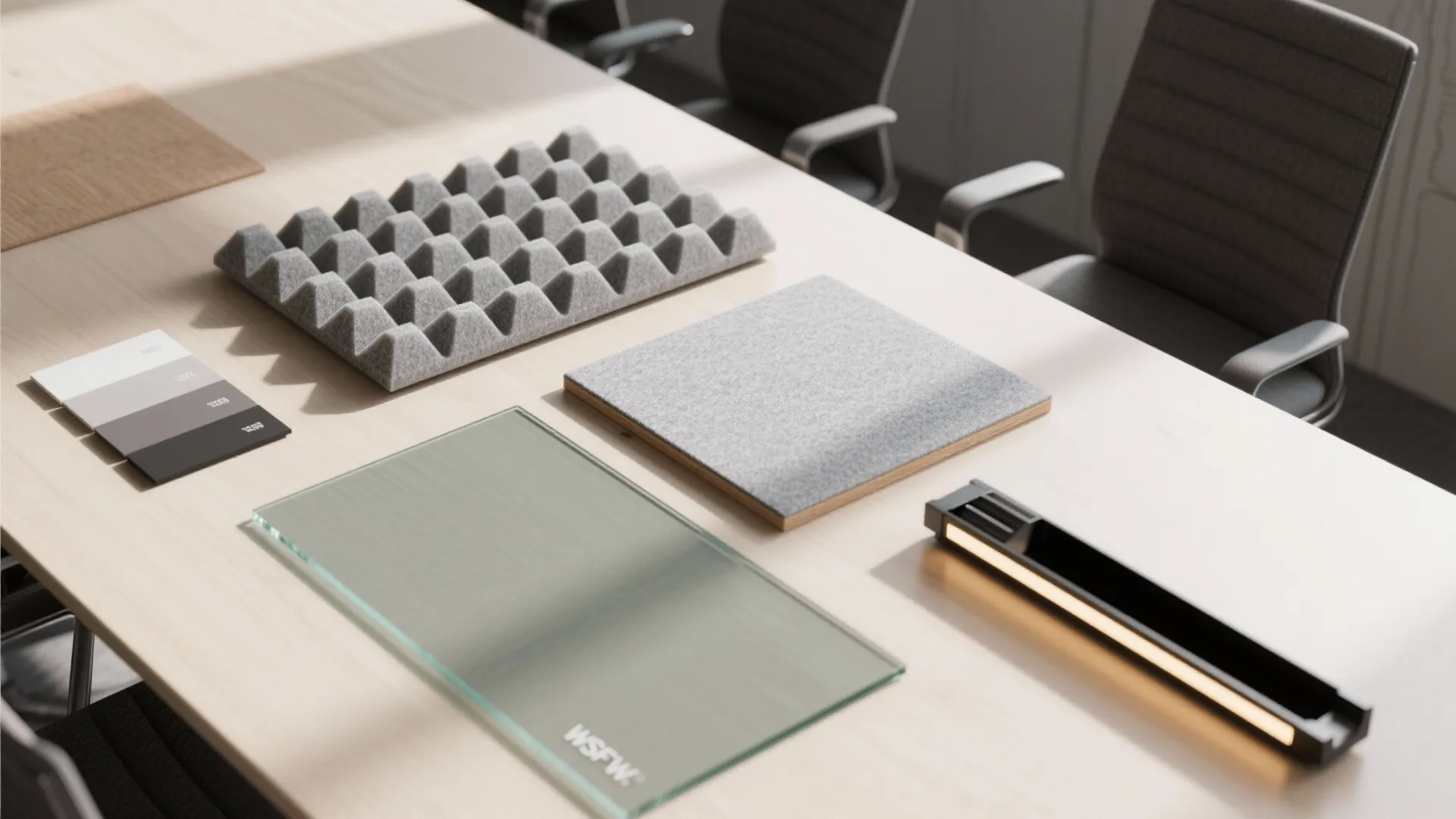 Interior design material samples including grey foam and glass placed on a wooden meeting table