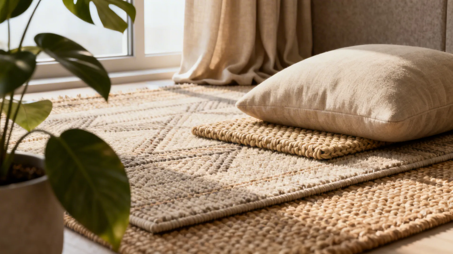 Rugs, upholstery, curtains and plants shown as acoustic solutions in open-plan space