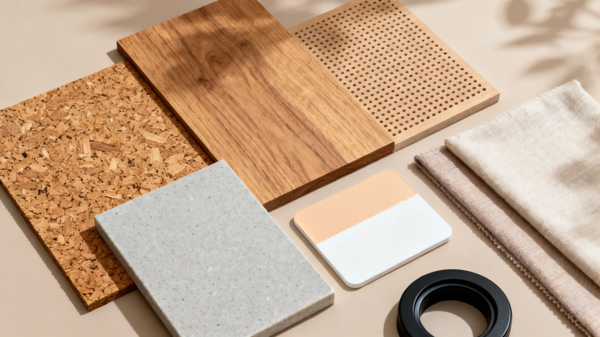 Flat lay of oak veneer, cork, acoustic panel, matte quartz, and warm white paint for a cozy kitchen.