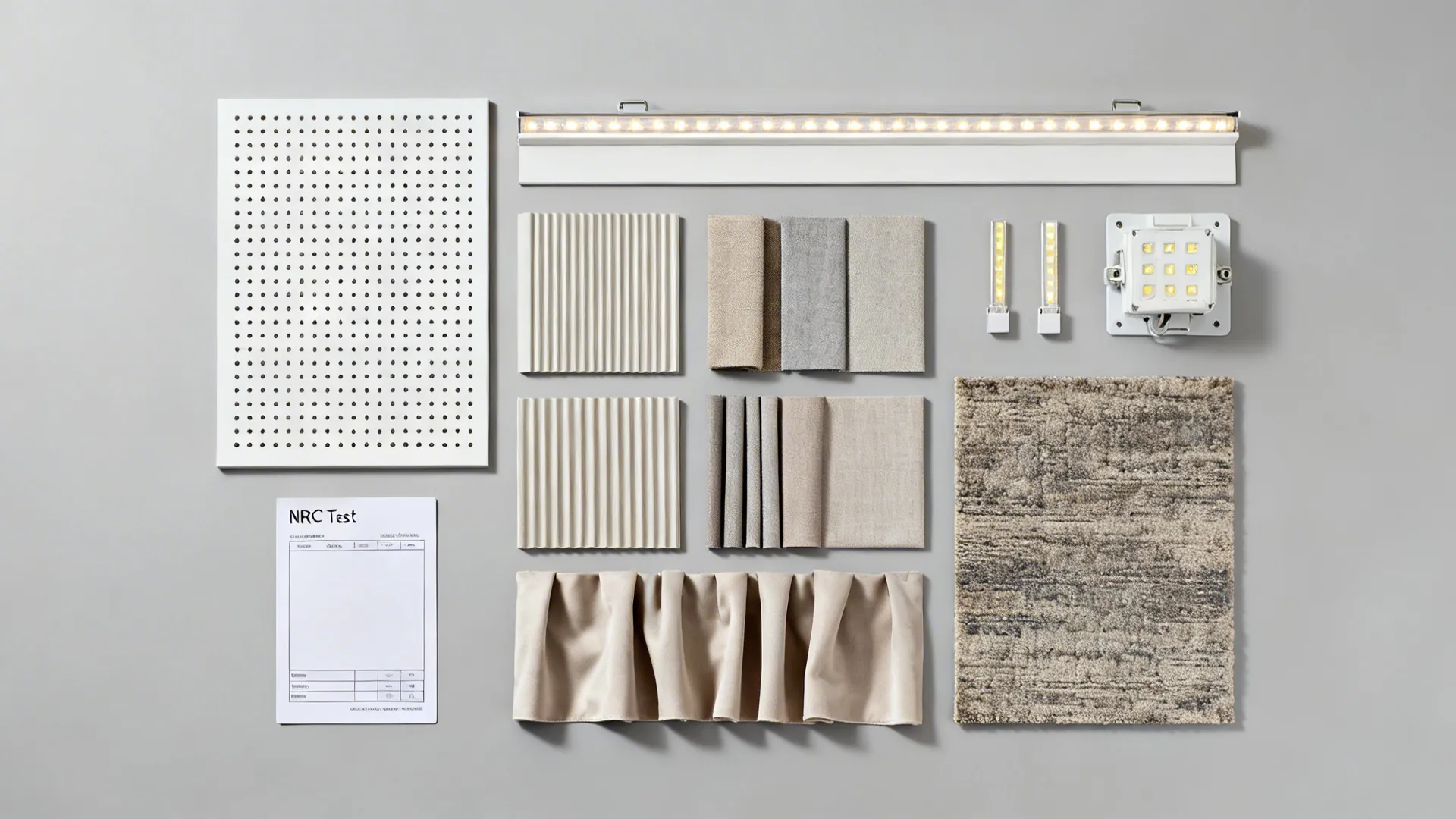 Top-down materials for acoustic PVC ceiling with perforated samples, spot trims, and soft textiles.