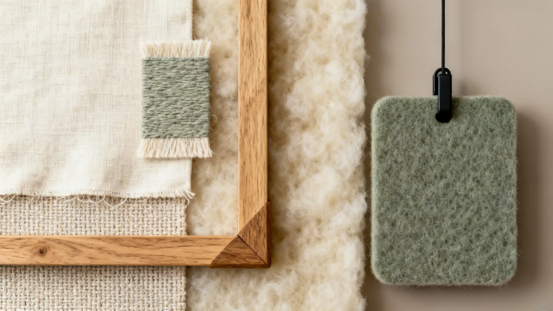 Flat lay of linen, wool, oak frame, batting, and felt for acoustic art.