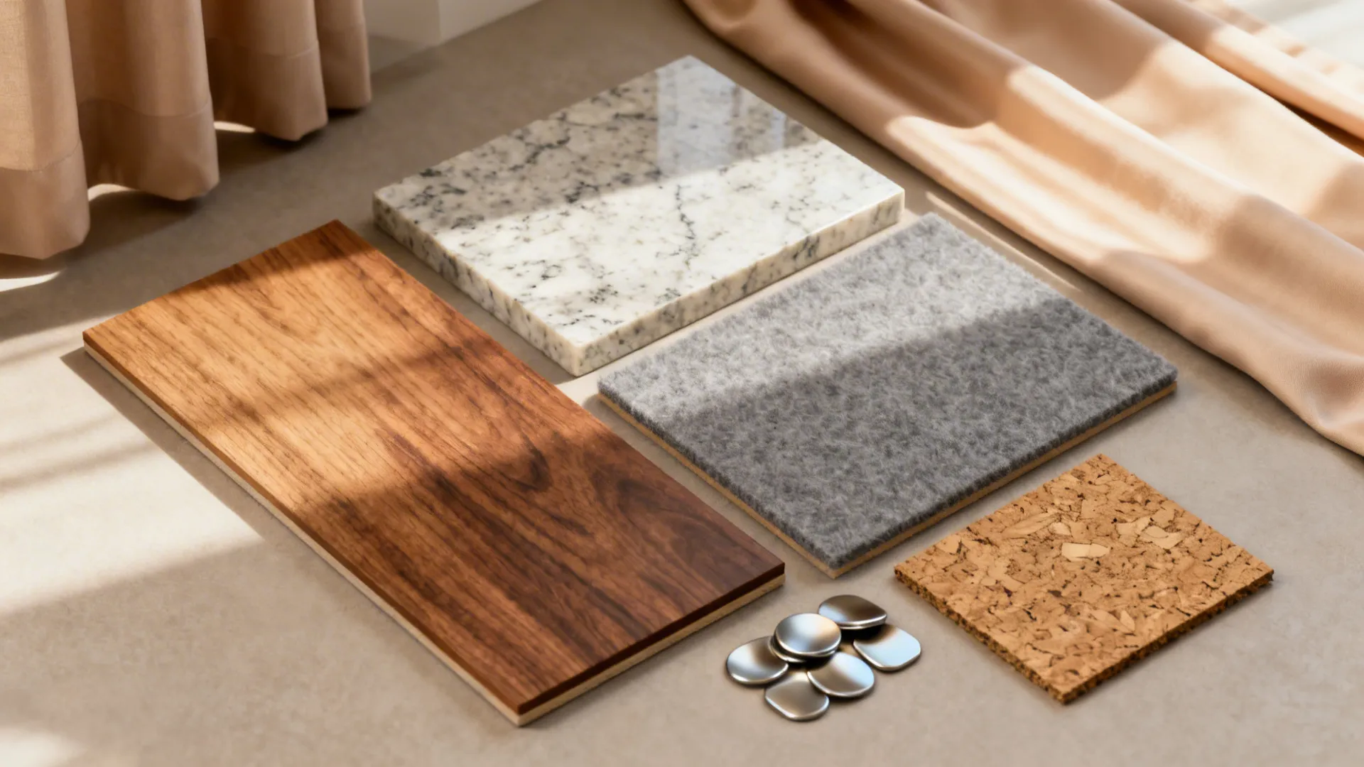 Flat lay of oak, walnut, quartz, felt, cork, and soft fabric samples for a warm, quiet open plan design.