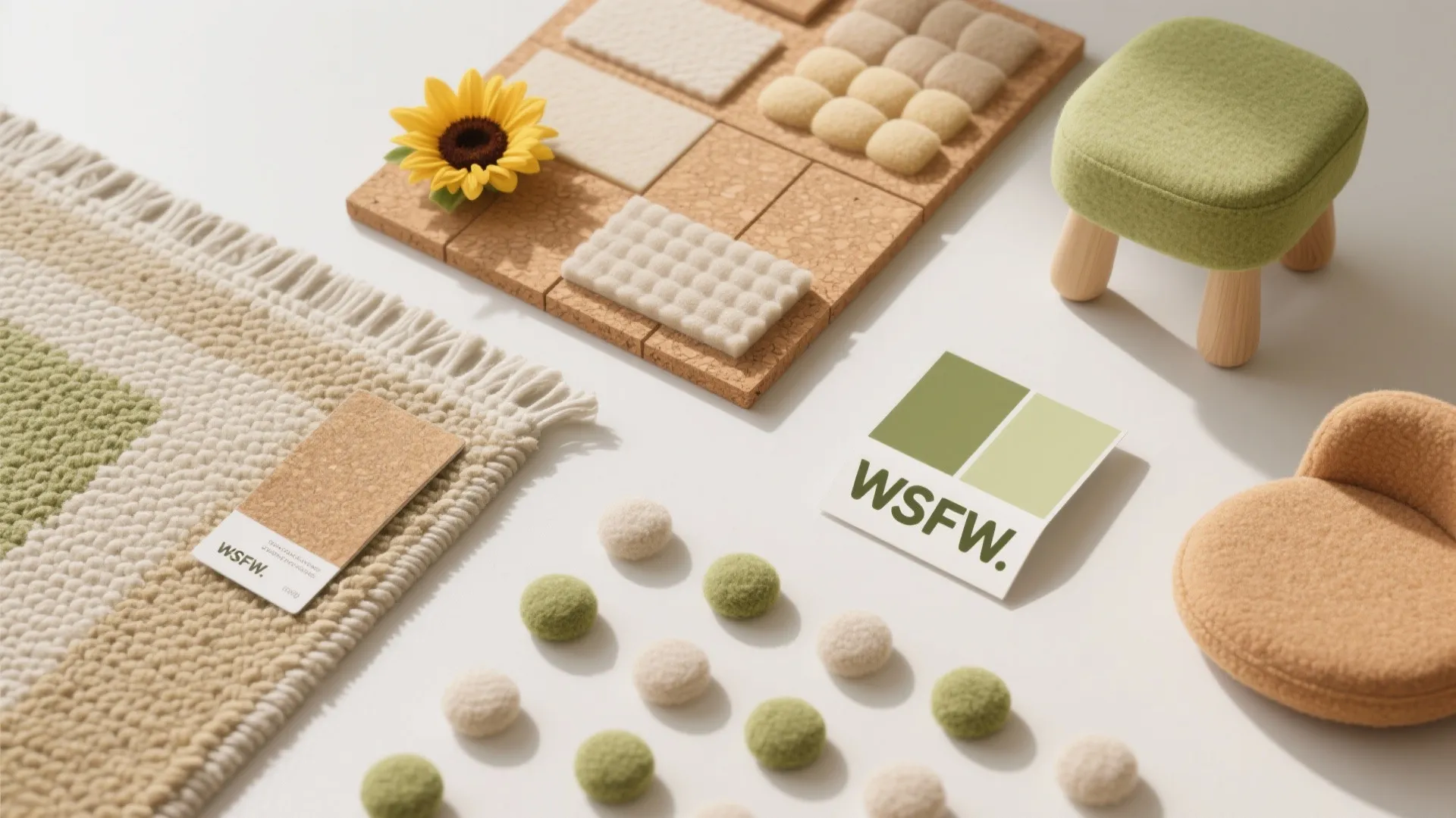 Interior design mood board featuring cork panels fabric samples small green footrest and sunflower decoration