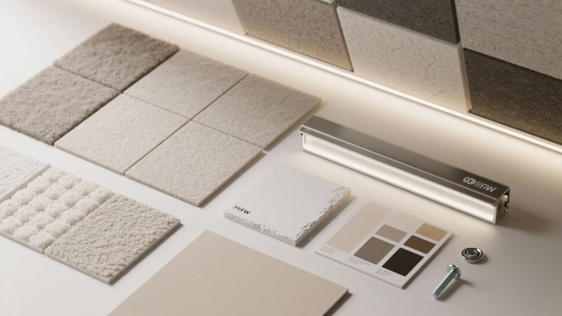 Interior design material board with neutral carpet samples color palette light fixture and wall panel
