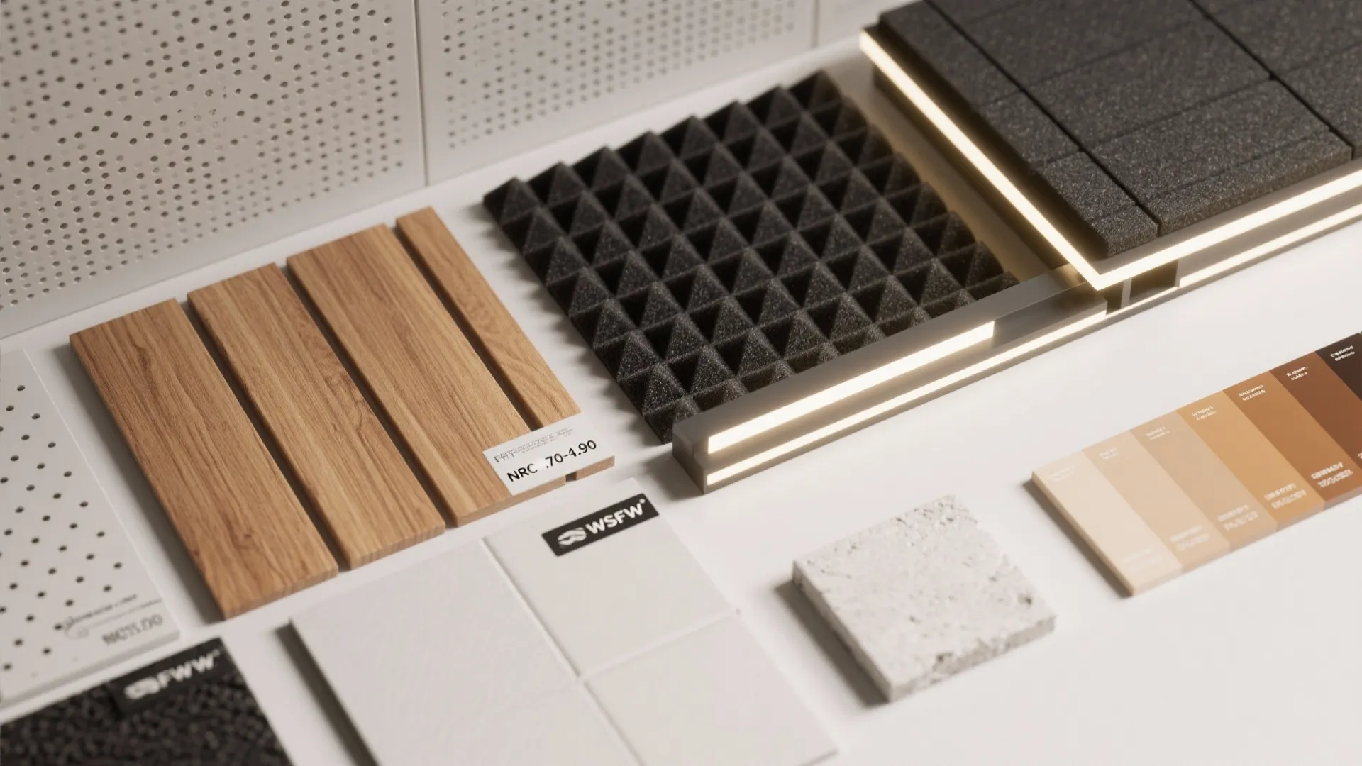 Interior design materials including wood samples foam panels stone pieces and color cards on white surface