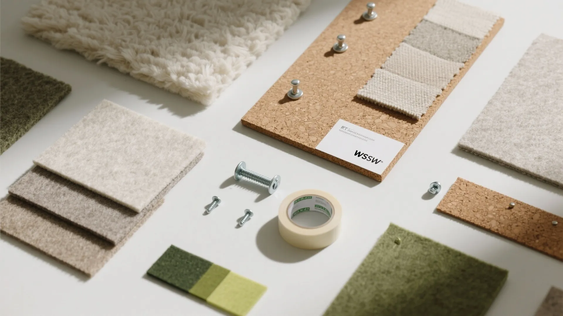 Collection of interior design materials including cork board, fabric swatches, tape, screws, and acoustic panels