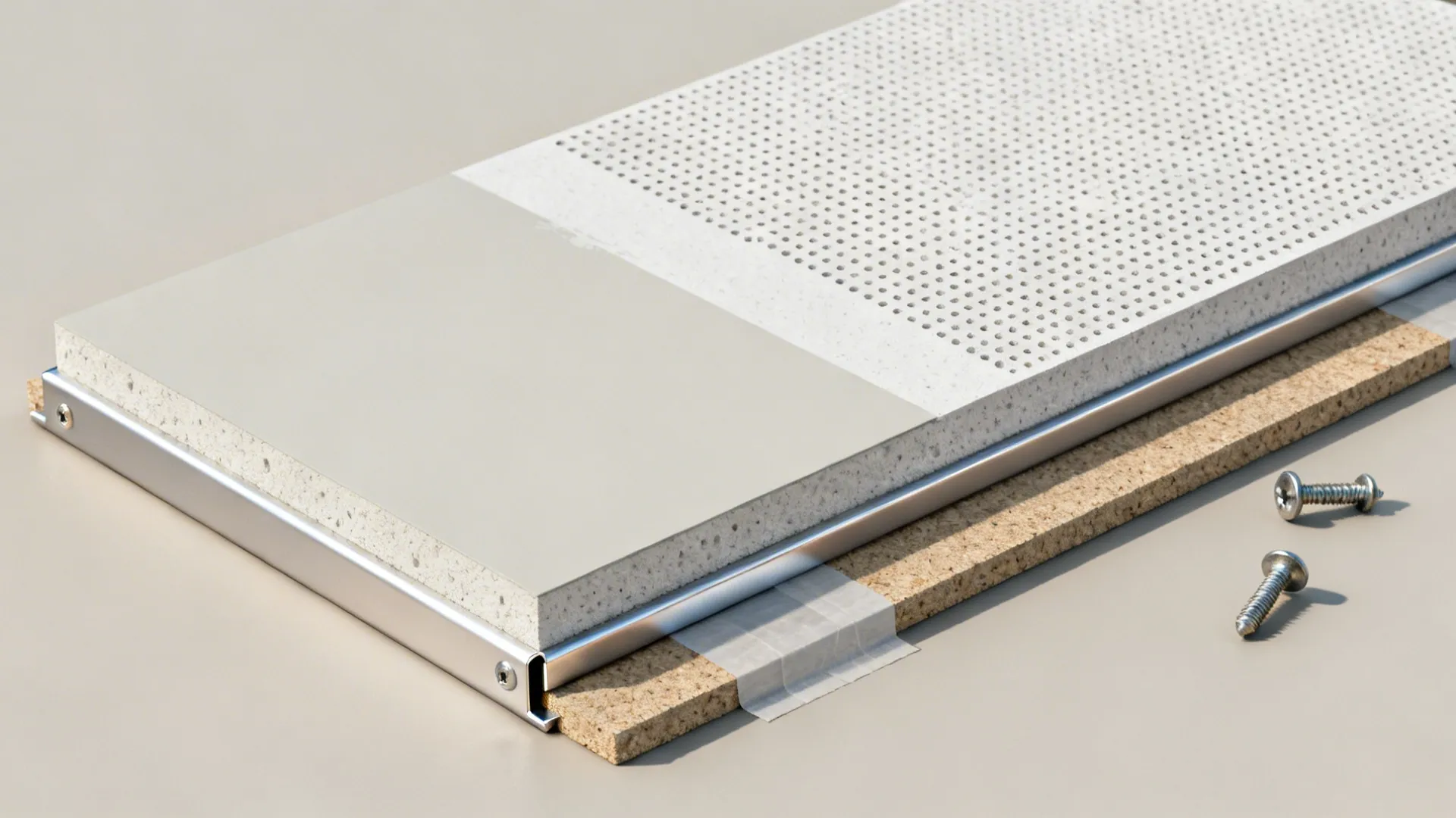 Flatlay of micro-perforated acoustic panel, light matte paint swatch, gypsum board, and metal profile for a coffered ceiling.