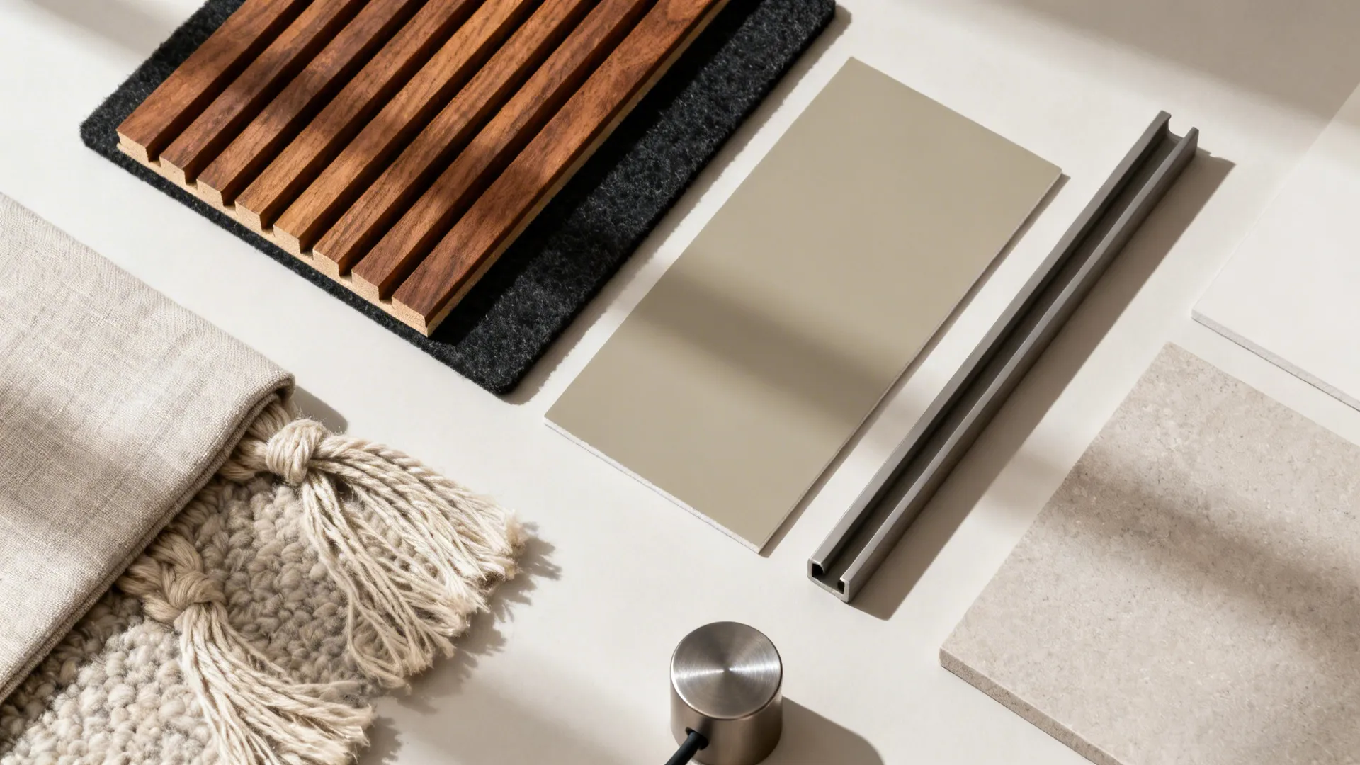 Flatlay of walnut slat, black acoustic felt, paint, fabric, and cable channel samples.
