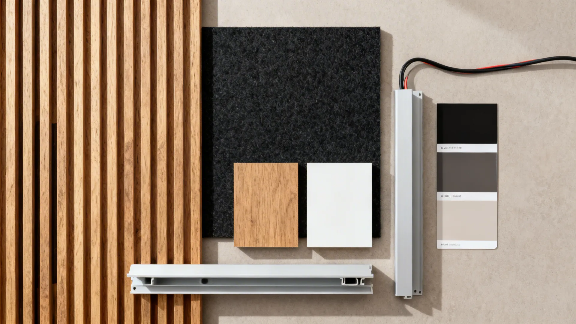 Flat lay of oak slats, black acoustic felt, painted MDF, and cable channel components.