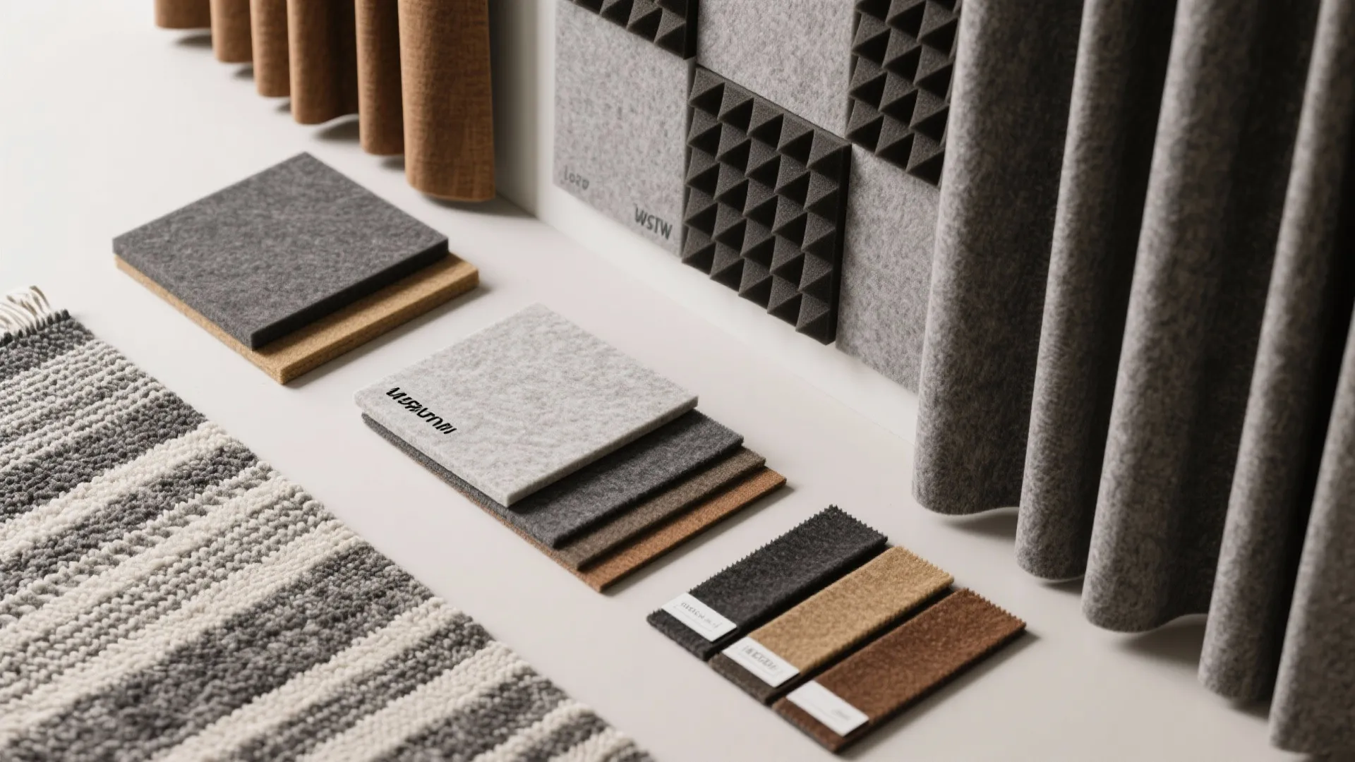 Interior design material samples including grey wall panels fabric swatches rug and grey window curtains