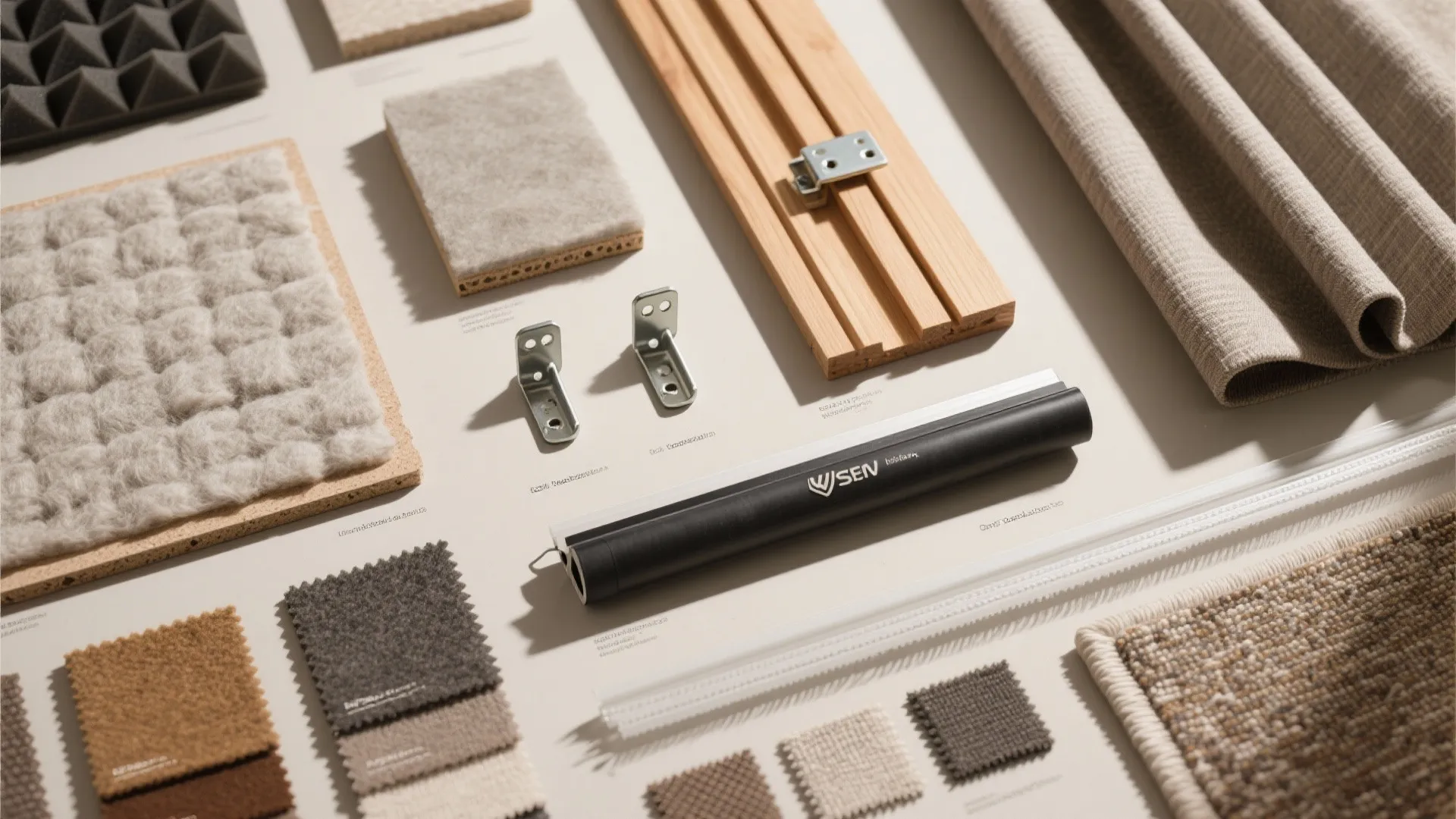 Flat lay of fabric, mineral wool, oak slats, brackets, door sweep, weatherstripping, curtains, and rug pad.