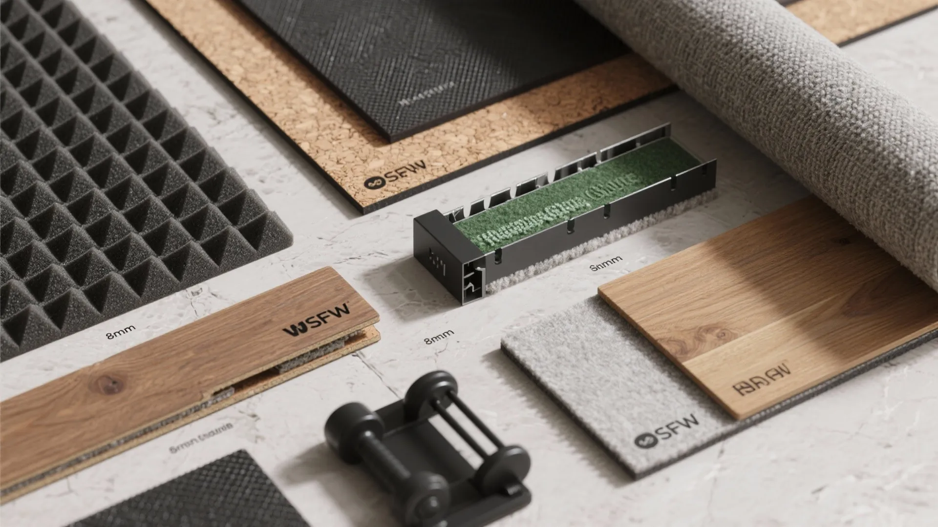 Interior design material flat lay with wood floor samples cork panels grey carpet and sound foam