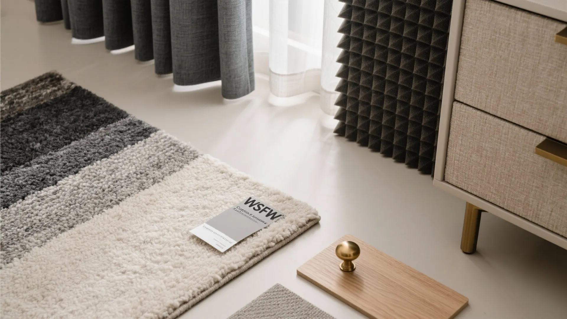 Flatlay of home design materials including striped rug wood sample grey curtains and cabinet piece