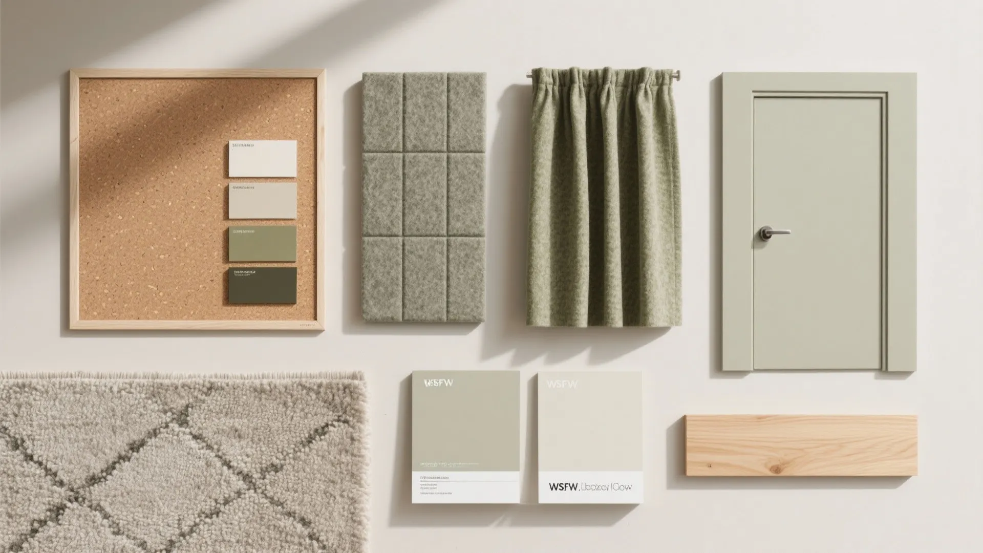 Interior design material board with green curtain, grey door, wood piece, rug, and color samples