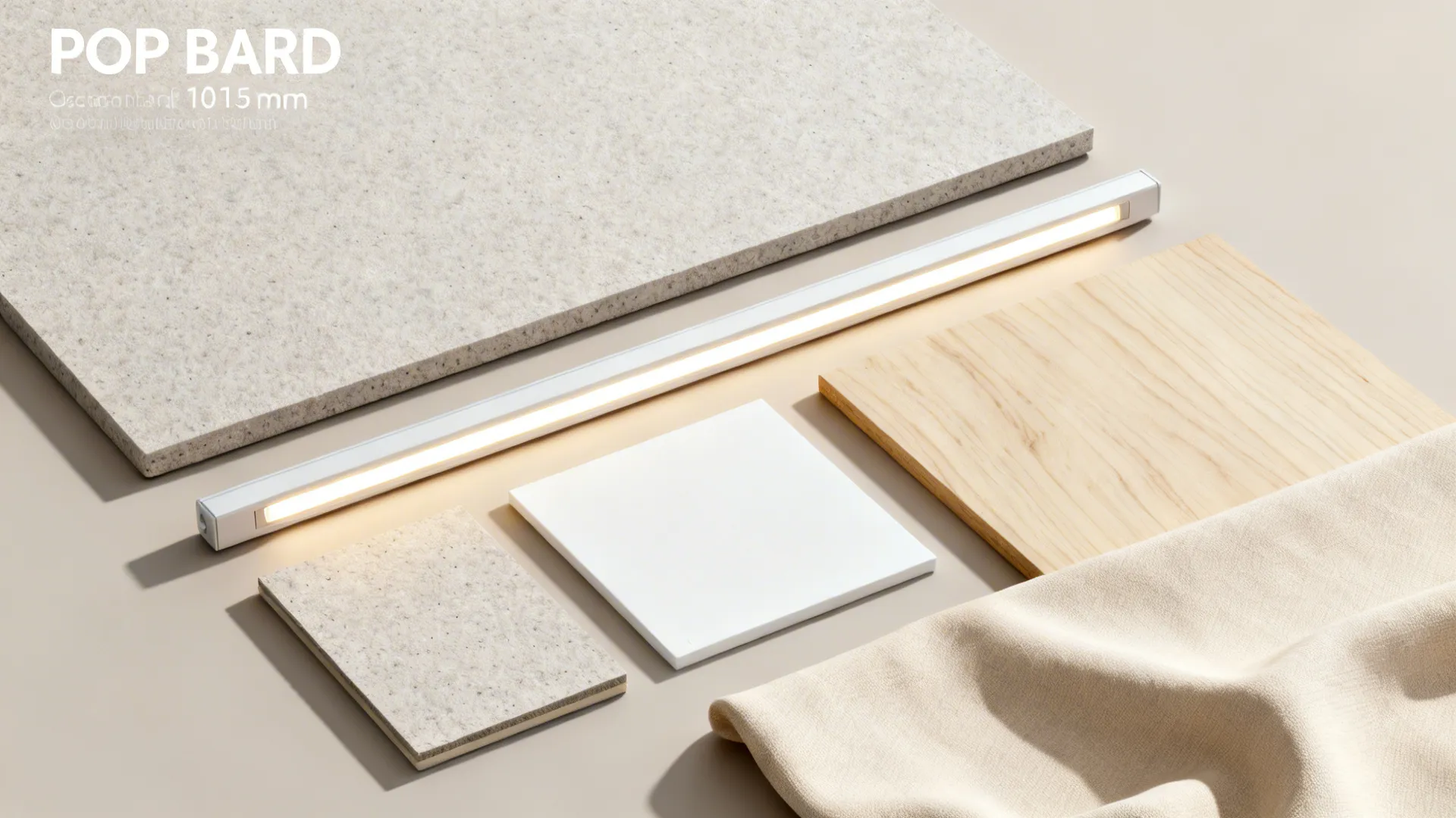 Flat lay of POP board, acoustic panel, LED diffuser, white paint, and pale wood samples for the ceiling.