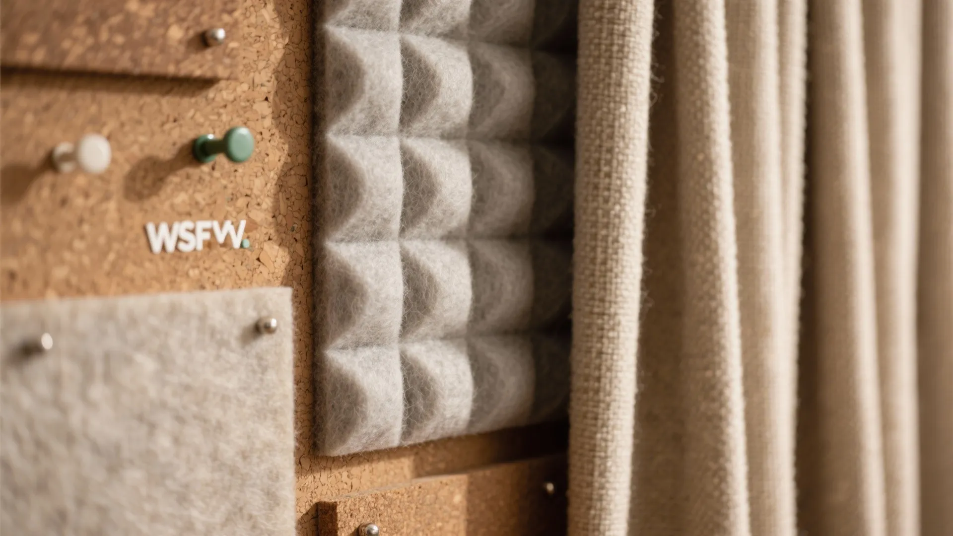 Close up of interior design materials including cork board, grey acoustic foam, and beige curtains