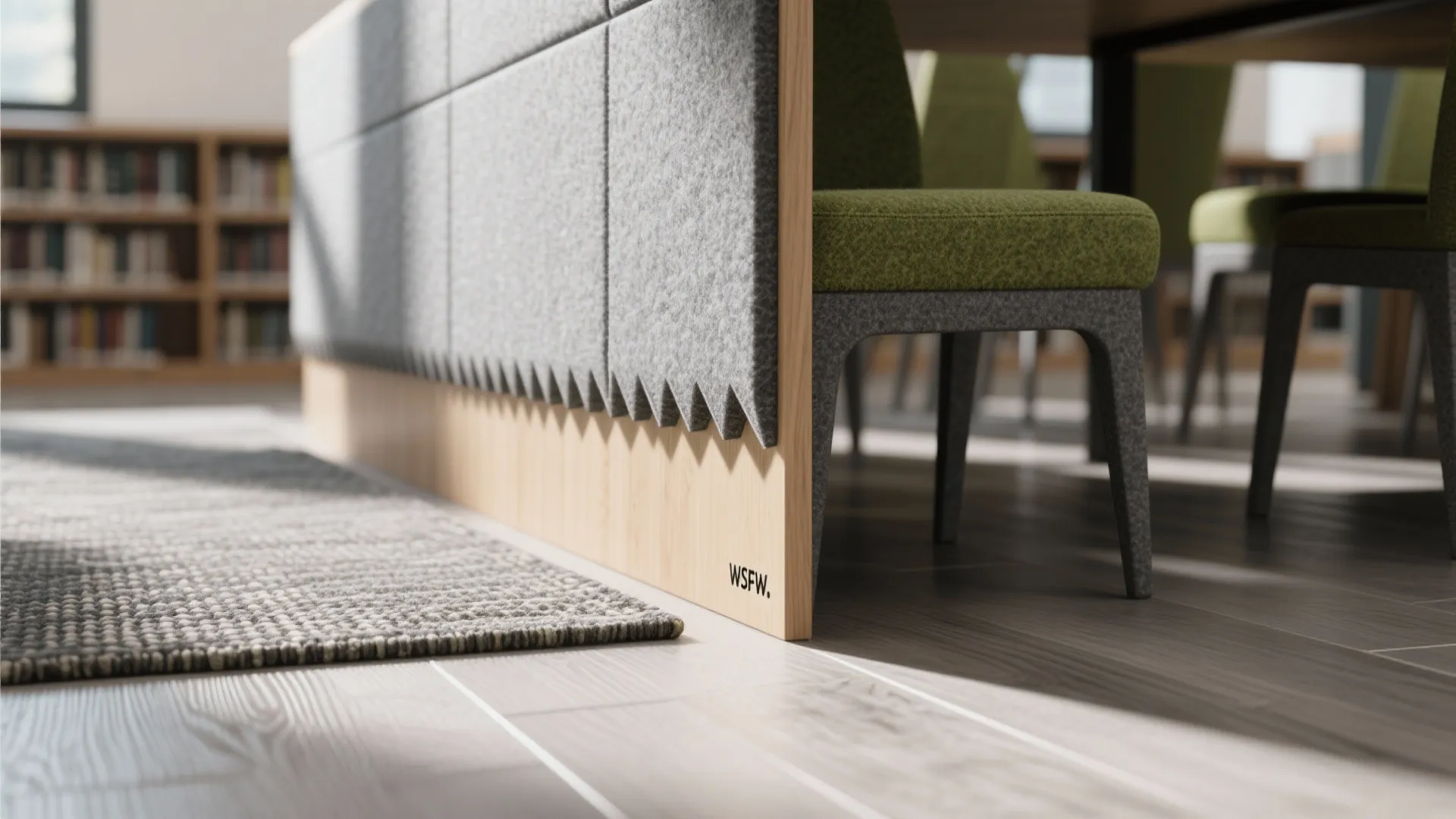 Close up view of grey wall panel materials and green chair in a modern office interior