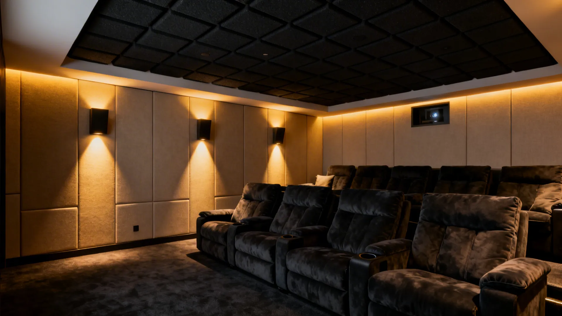 Media room with matte black acoustic ceiling tiles, plush seating and warm theatrical lighting.