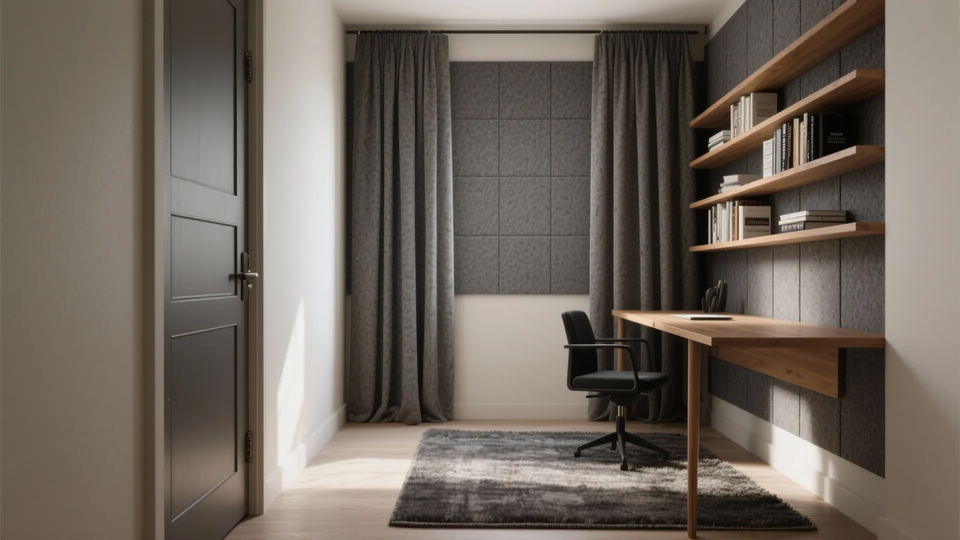 Modern home office with grey wall panel and wooden desk plus black chair and curtains