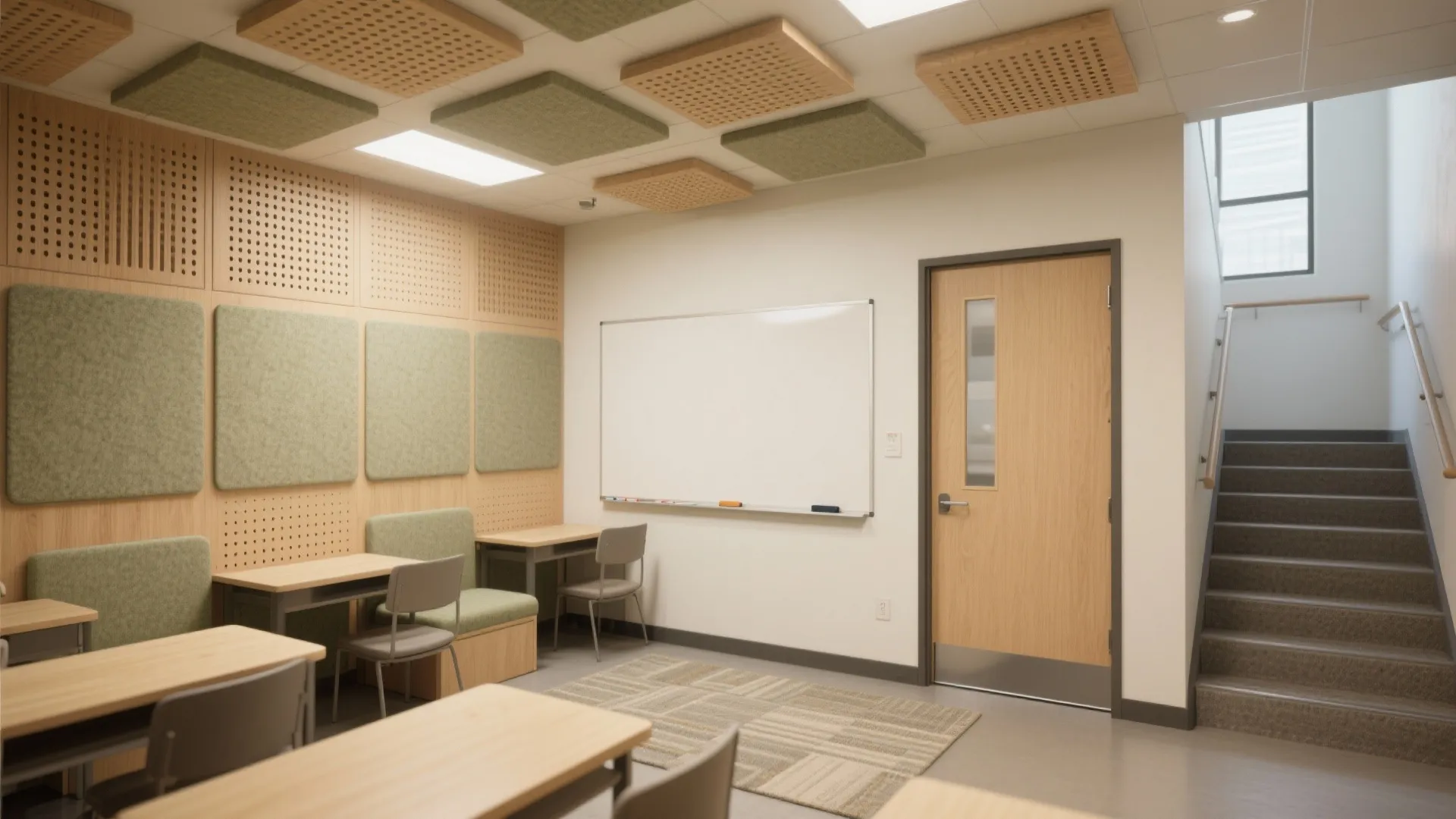 Modern classroom with wood wall panels green acoustic ceiling tiles whiteboard wooden door and side stairs