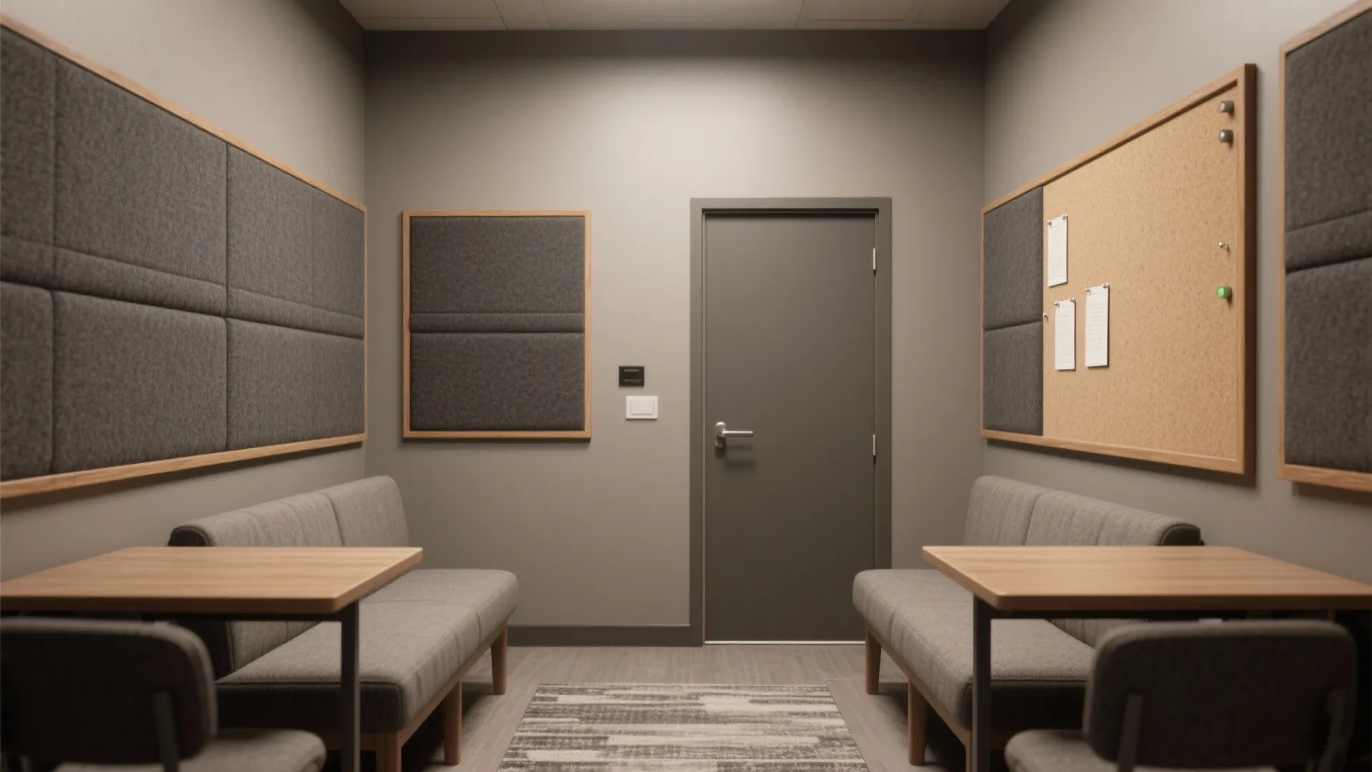 Small meeting room with grey sofas wooden tables wall panels a grey door and patterned rug