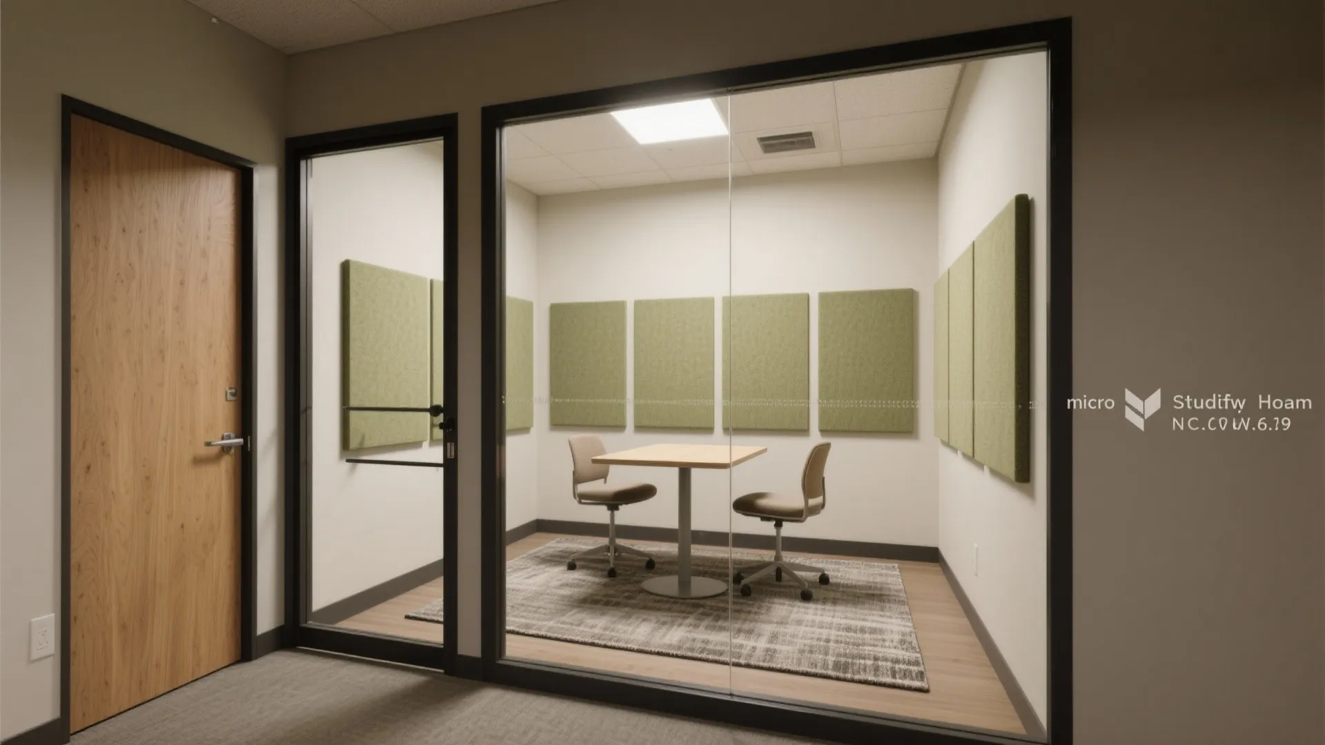 Small office meeting room with glass walls green wall panels table and two office chairs