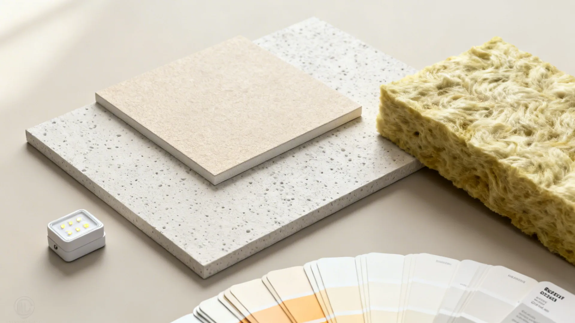 Flat lay with micro-plaster, acoustic PET, mineral wool, gypsum, and warm white swatches.