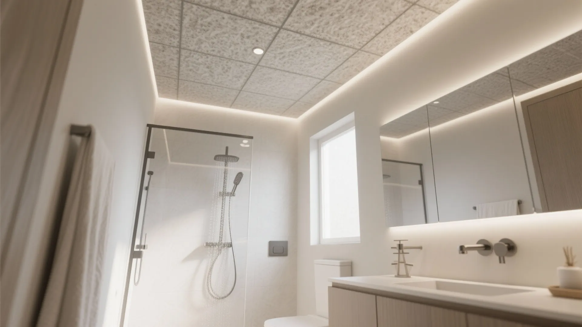 Modern bathroom interior design drawing featuring glass shower door white toilet and large lighted mirror