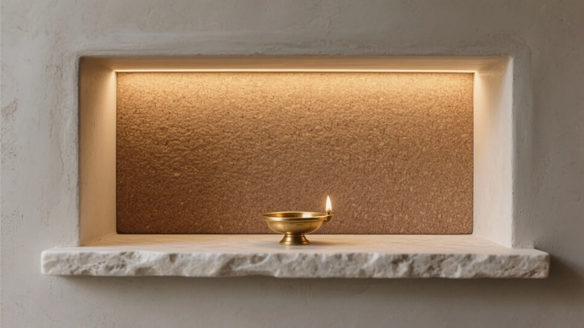 Wall niche with warm light fixture showing a golden candle bowl on white stone shelf