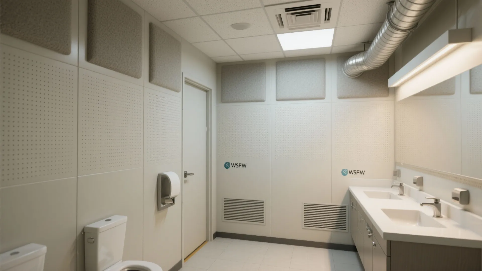 Public bathroom interior with white sinks, silver faucets, large mirror, toilet, and ceiling air vent pipe