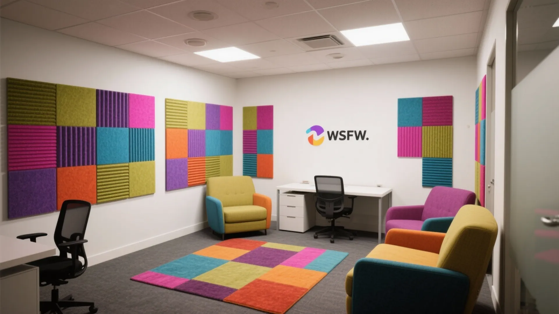 Modern office room with colorful wall panels matching rug bright chairs and white working desks