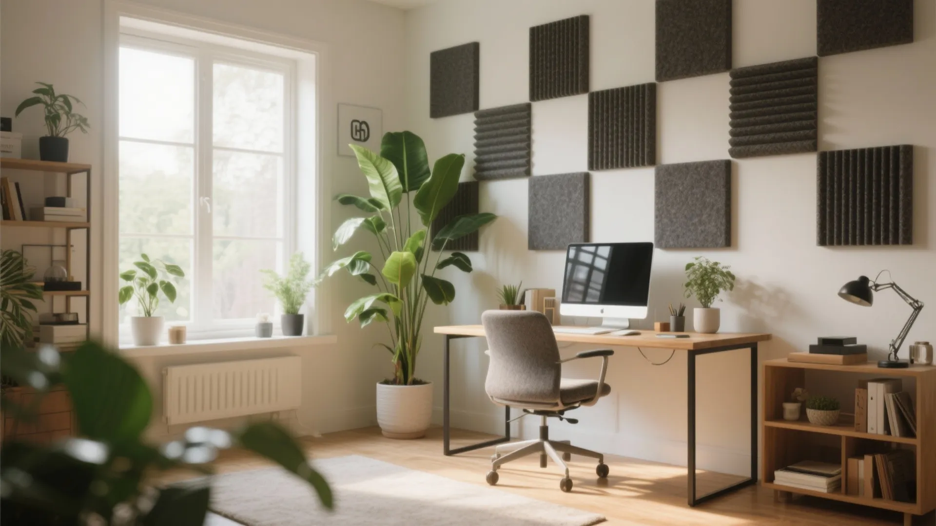 Bright home office with wooden desk, computer, grey wall panels, green plants, and natural light
